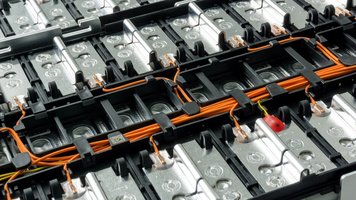 A close up view of the internals of a lithium ion battery.